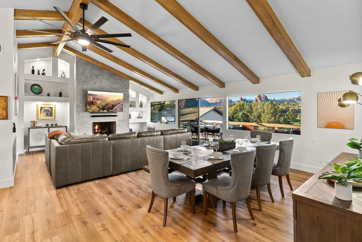 Open floorplan living with amazing views. Dining and lounging inside or walk out the slider to our views deck with couch and bistro seating and BBQ.