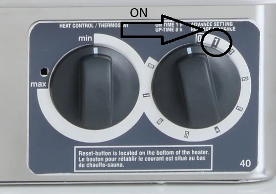 Sauna heater control panel showing Heat Control knob on left and Timer knob on right