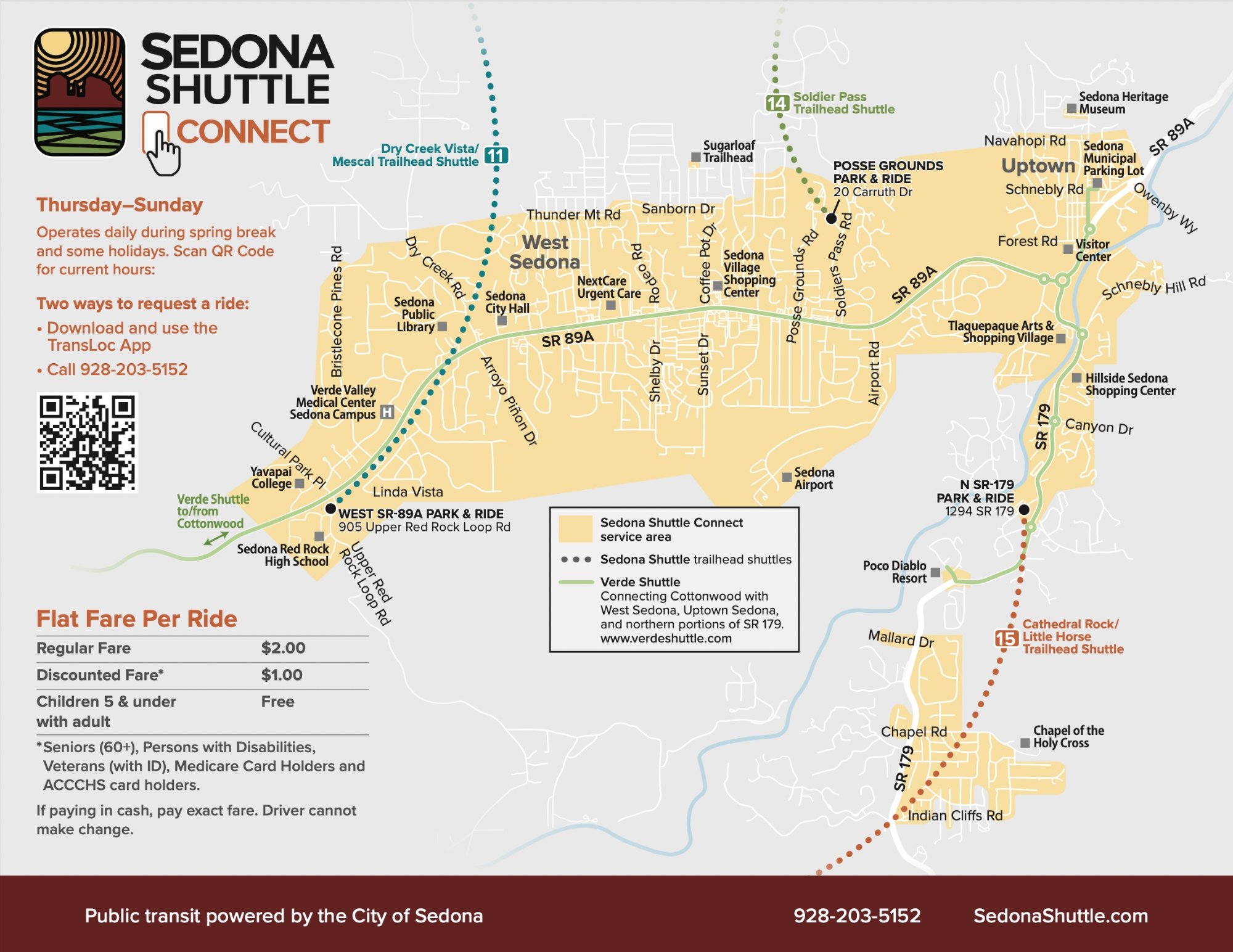 Sedona Shuttle Connect route map showing service area, Park & Ride lots, and trailhead shuttle stops